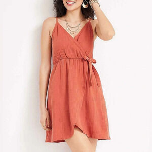 Maurices Burnt Orange Textured V-neck Tie Tulip Hem Mini Dress Medium Women’s